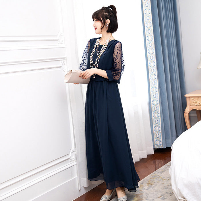 シフォン袖のブルーマリン・エレガンスドレスワンピース(3L/4L/5L/6L)オケージョン/結婚式