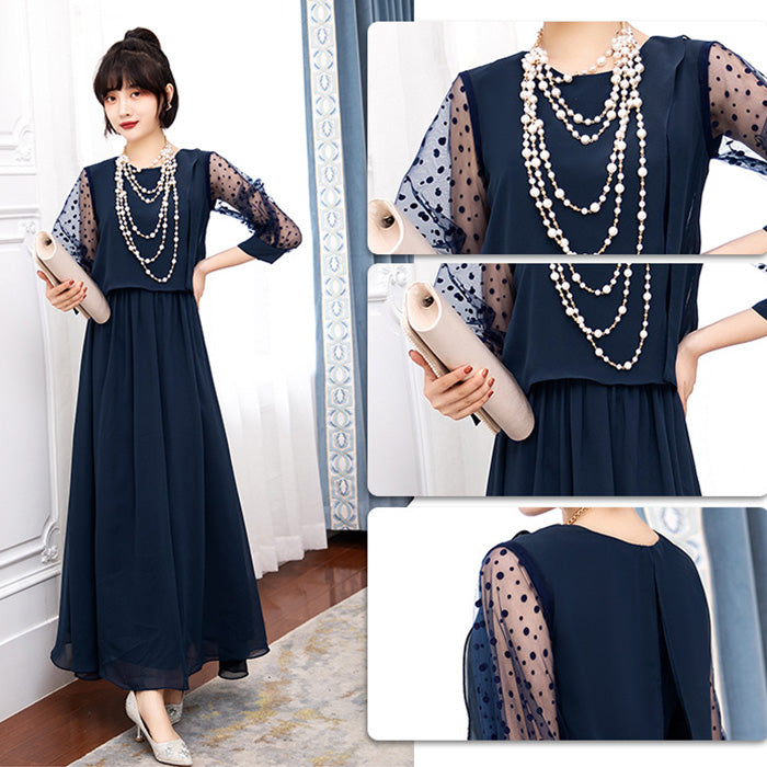 シフォン袖のブルーマリン・エレガンスドレスワンピース(3L/4L/5L/6L)オケージョン/結婚式