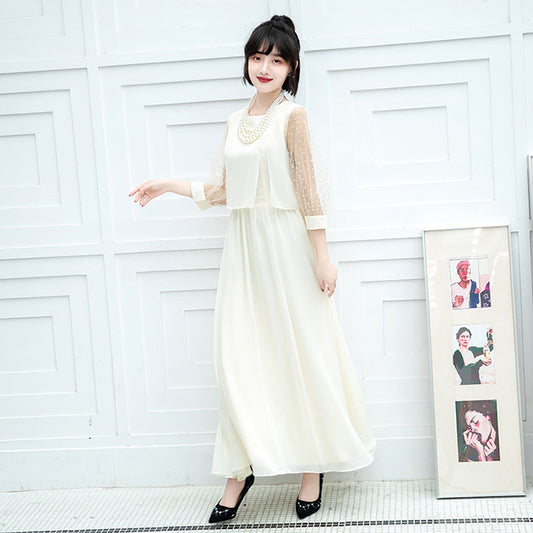 シフォン袖のシャンパンホワイト・エレガンスドレスワンピース(3L/4L/5L/6L)オケージョン/結婚式