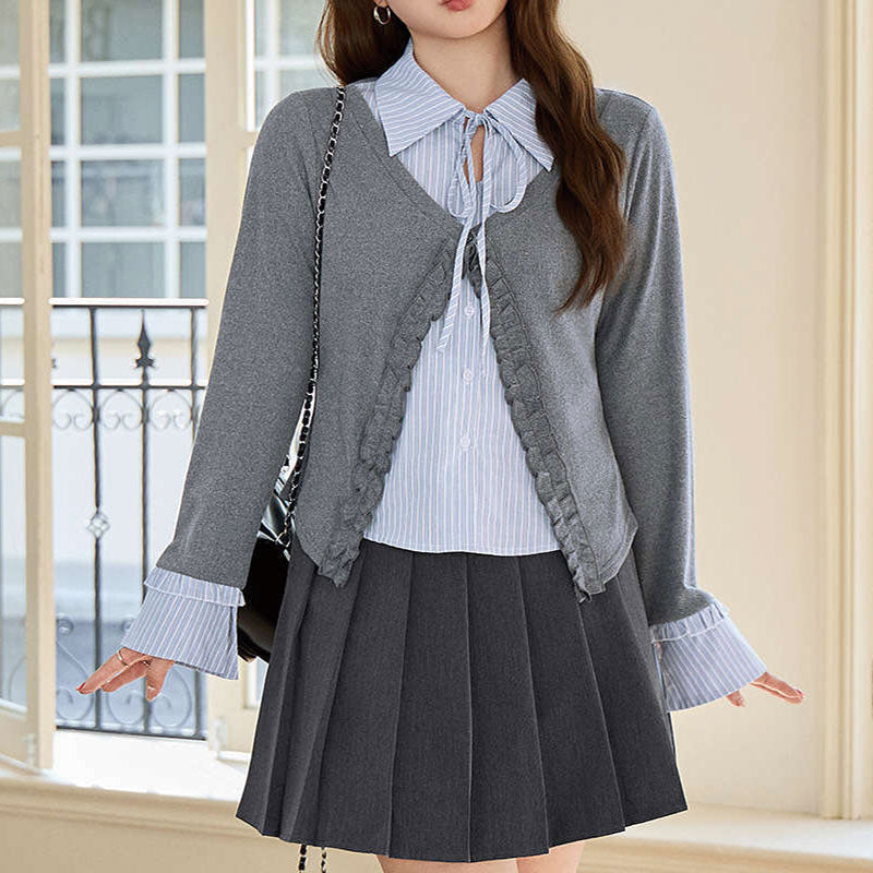 大きいサイズ レディース 知的ガーリーリボン襟レイヤードトップス(LL/3L/4L/5L/6L)