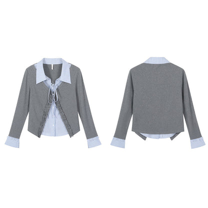 知的ガーリーリボン襟レイヤードトップス(LL/3L/4L/5L/6L)