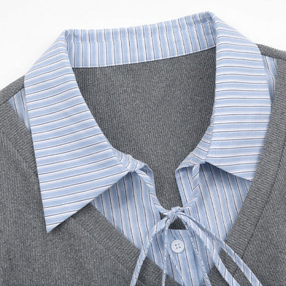 知的ガーリーリボン襟レイヤードトップス(LL/3L/4L/5L/6L)