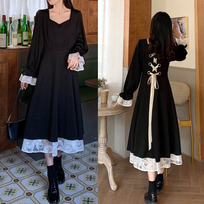 大きいサイズ レディース｜黒薔薇クラシック編み上げロングワンピース