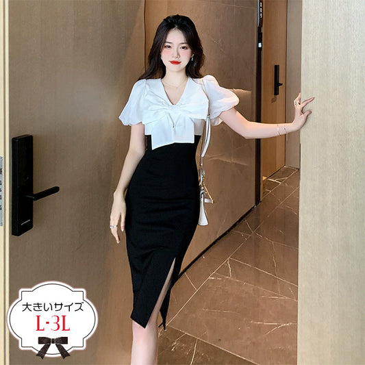 バイカラーリボン・美曲線タイトドレス(L/LL/3L)/キャバドレス/ギャル