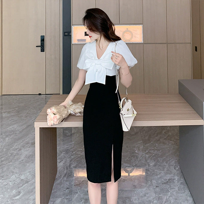 大きいサイズ レディース バイカラーリボン・美曲線タイトドレス(L/LL/3L)/キャバドレス/ギャル