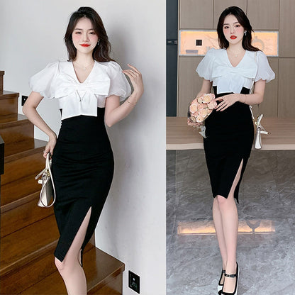 バイカラーリボン・美曲線タイトドレス(L/LL/3L)/キャバドレス/ギャル