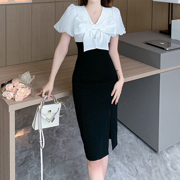 大きいサイズ レディース バイカラーリボン・美曲線タイトドレス(L/LL/3L)/キャバドレス/ギャル