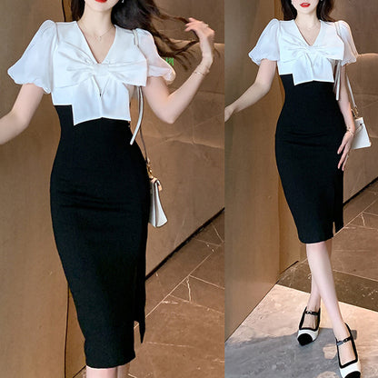 バイカラーリボン・美曲線タイトドレス(L/LL/3L)/キャバドレス/ギャル