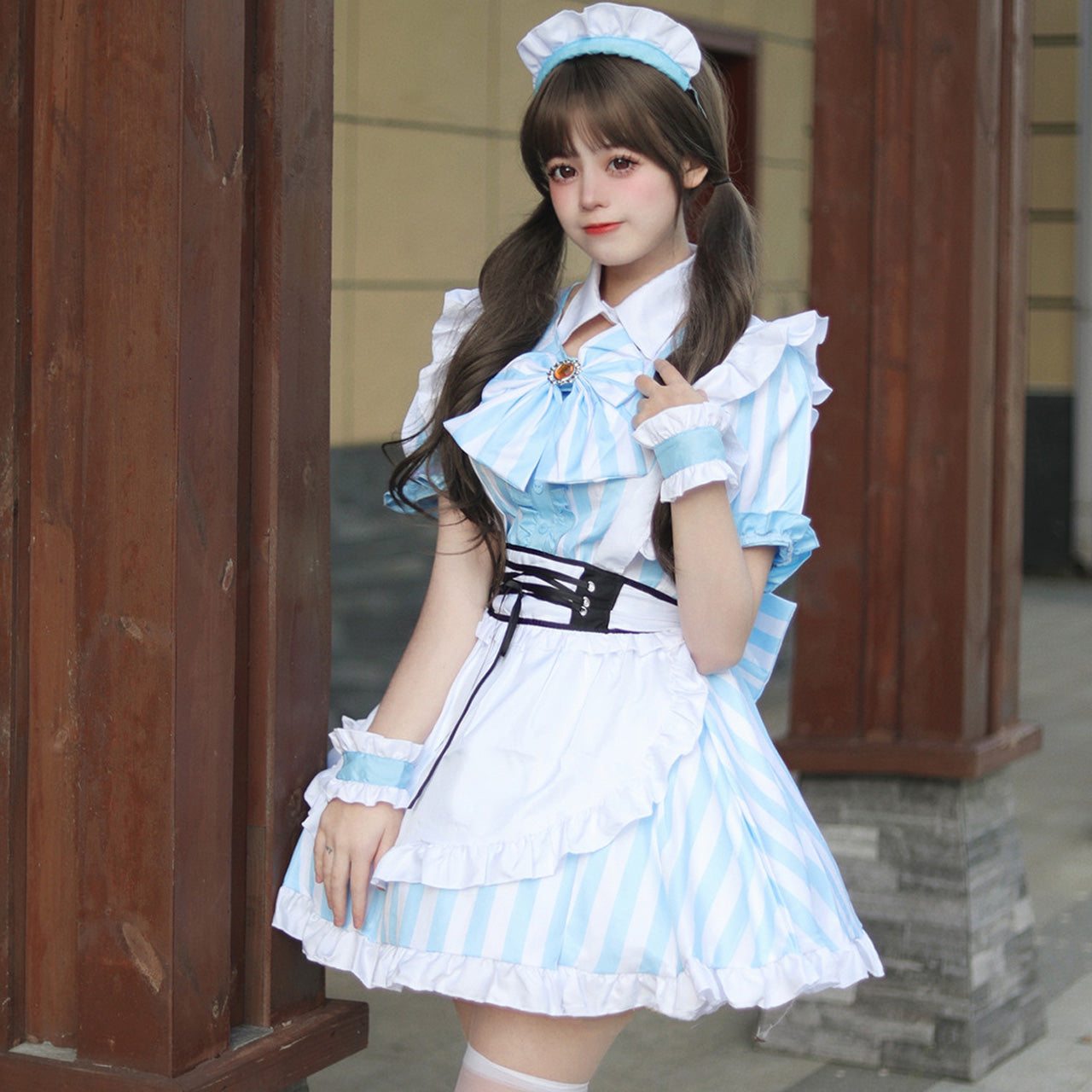 大きいサイズ レディース｜ストライプブルーメイド服ワンピース (M/L
