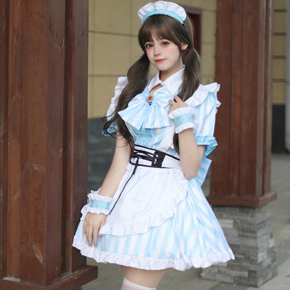 Striped Blue Maid Dress (M/L/2L/3L/4L/5L/6L) / Cosplay / Halloween