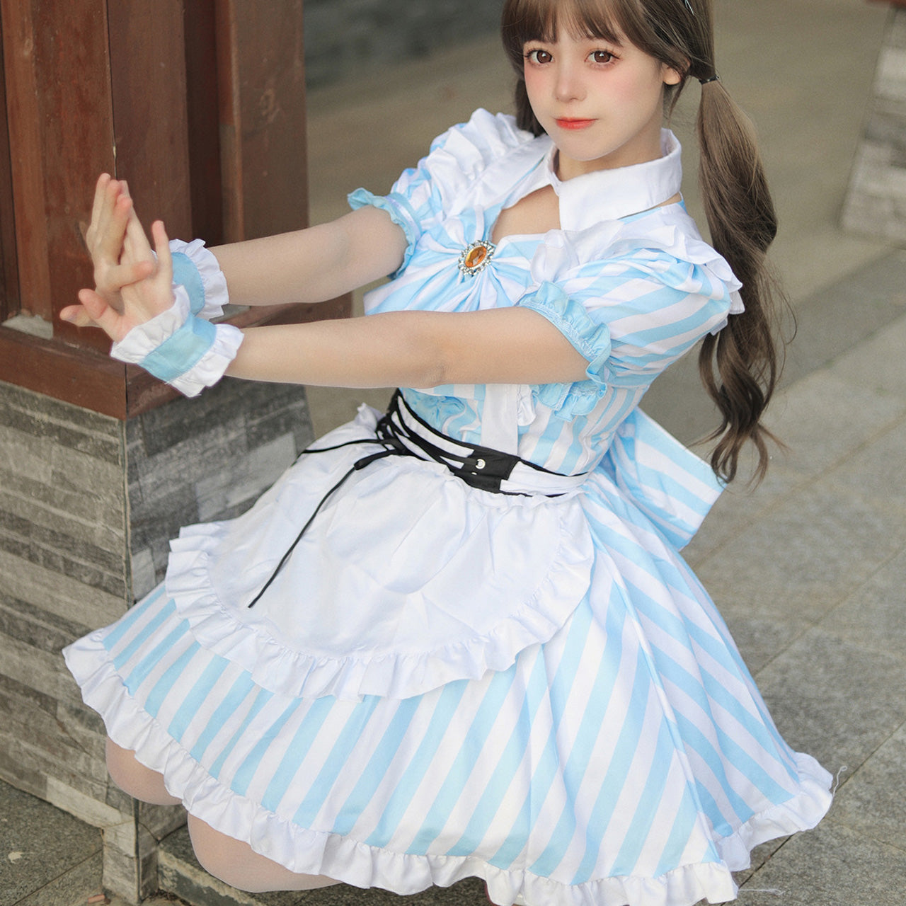 大きいサイズ レディース Striped Blue Maid Dress (M/L/2L/3L/4L/5L/6L) / Cosplay / Halloween