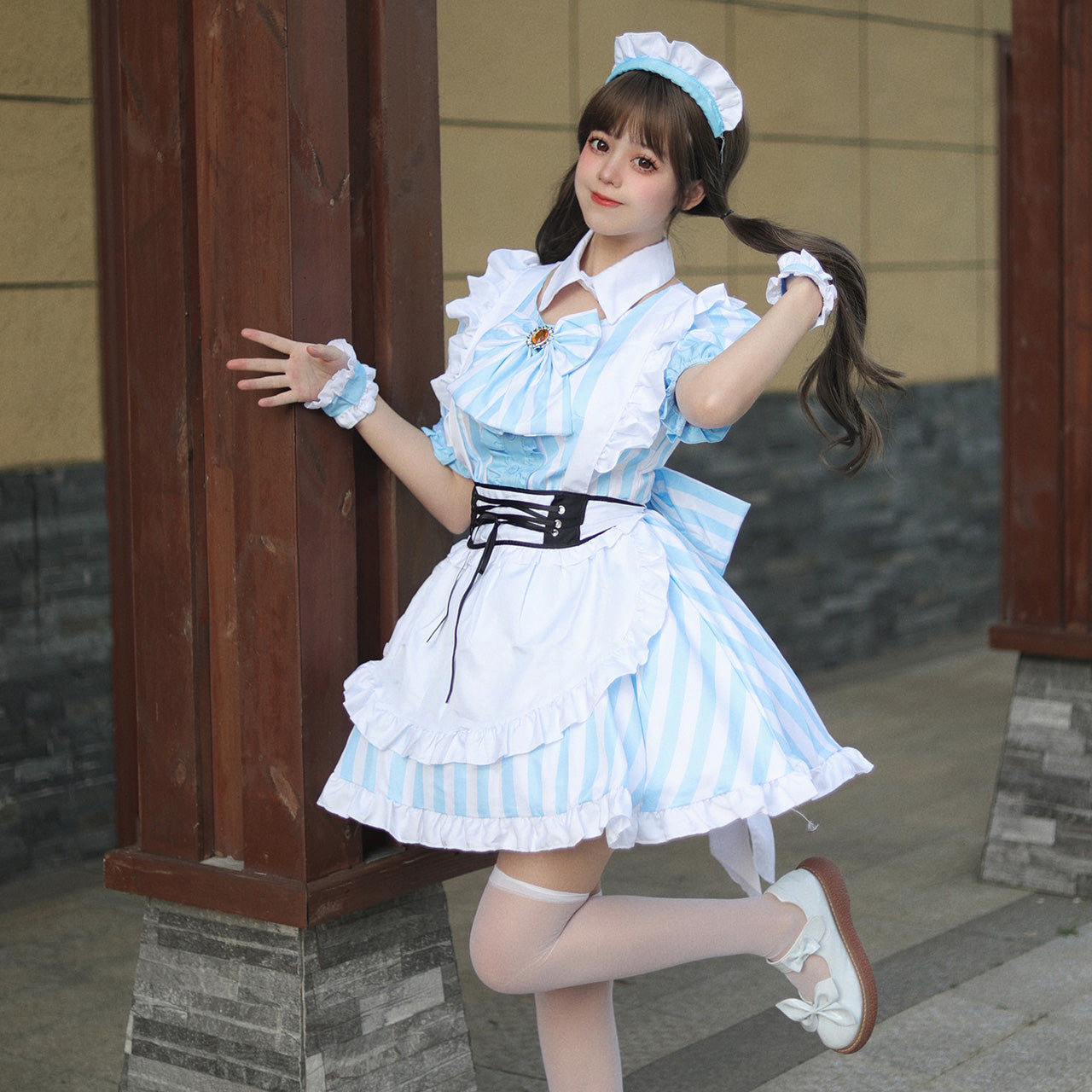 大きいサイズ レディース Striped Blue Maid Dress (M/L/2L/3L/4L/5L/6L) / Cosplay / Halloween