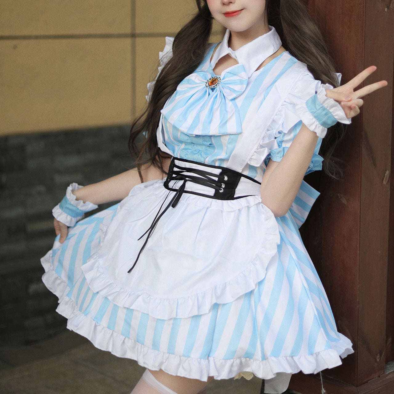 大きいサイズ レディース Striped Blue Maid Dress (M/L/2L/3L/4L/5L/6L) / Cosplay / Halloween