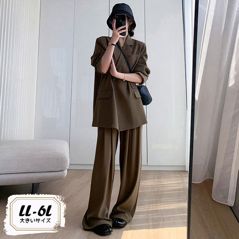 大きいサイズのきれいめコーデにおすすめなモードエアリー・リラックス茶セットアップ(LL/3L/4L/5L/6L)