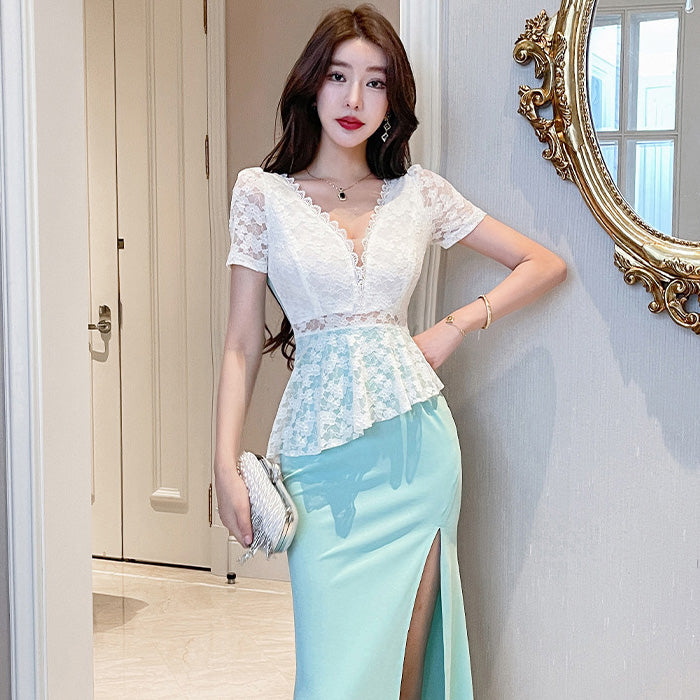 シュガーフレール・レースペプラムスリットドレス(L/LL/3L/4L)