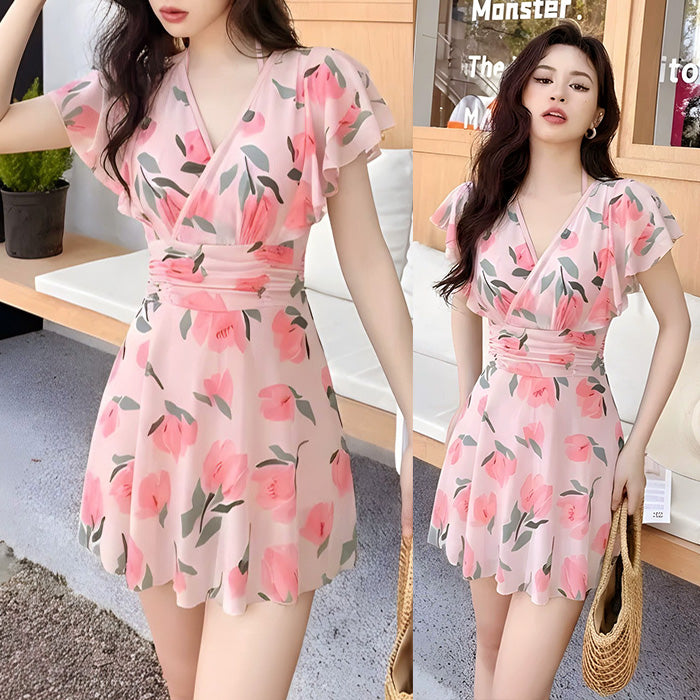大きいサイズ レディース 花柄カシュクールのリゾートワンピース水着(L/LL/3L/4L)