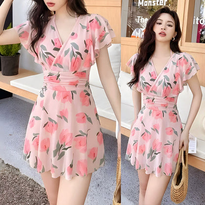 花柄カシュクールのリゾートワンピース水着(L/LL/3L/4L)