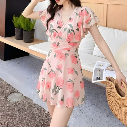 花柄カシュクールのリゾートワンピース水着(L/LL/3L/4L)