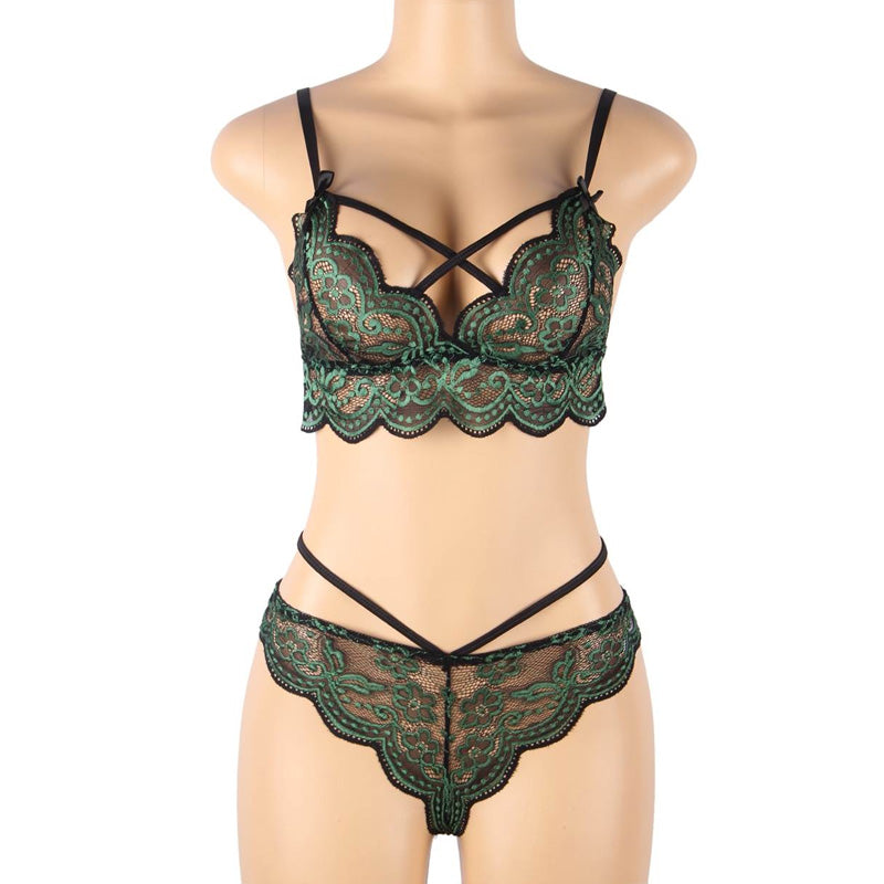 大きいサイズ レディース ヴェルヴェットローズ・クロスコード・グリーンランジェリー下着セット(L/LL-3L/4L-5L)