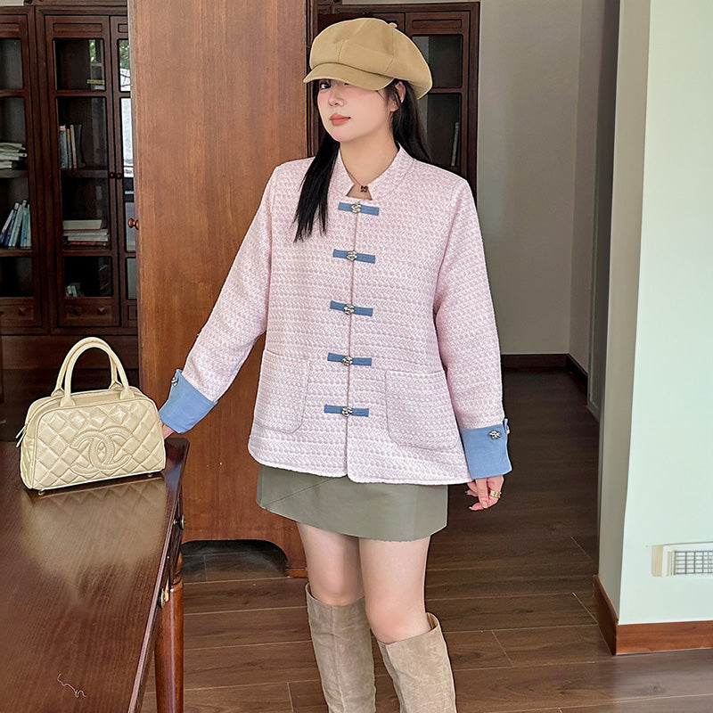 シュガーピンク・エレガント配色ツイードアウター(LL/3L/4L/5L/6L)