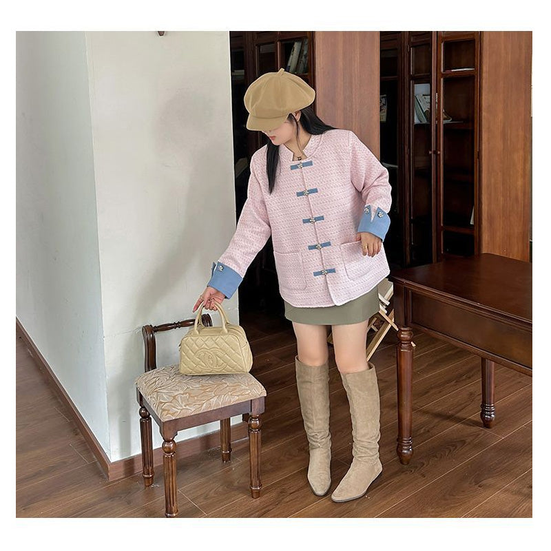 シュガーピンク・エレガント配色ツイードアウター(LL/3L/4L/5L/6L)