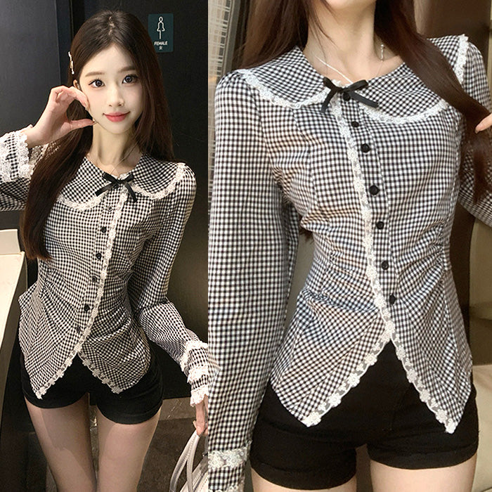 ノワールチェックのレース襟スウィートブラウス(L/LL/3L/4L/5L)