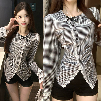 ノワールチェックのレース襟スウィートブラウス(L/LL/3L/4L/5L)