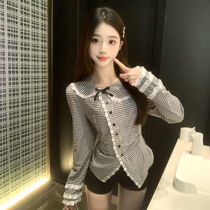 ノワールチェックのレース襟スウィートブラウス(L/LL/3L/4L/5L)