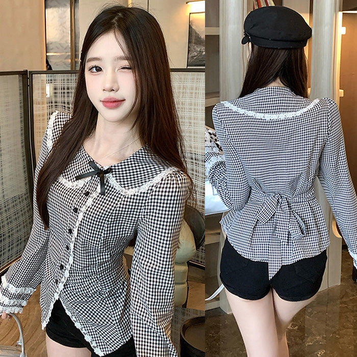 ノワールチェックのレース襟スウィートブラウス(L/LL/3L/4L/5L)