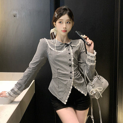 ノワールチェックのレース襟スウィートブラウス(L/LL/3L/4L/5L)