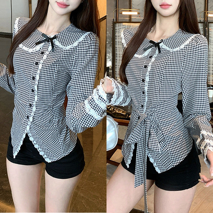 ノワールチェックのレース襟スウィートブラウス(L/LL/3L/4L/5L)