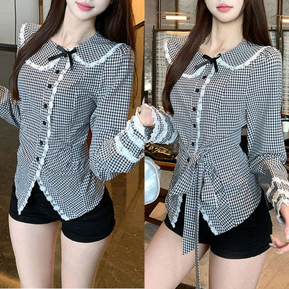 ノワールチェックのレース襟スウィートブラウス(L/LL/3L/4L/5L)