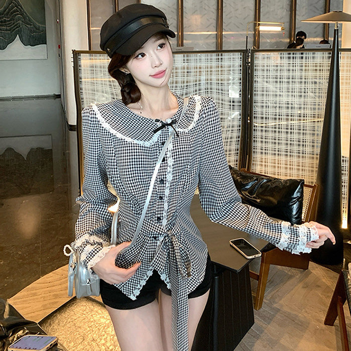 ノワールチェックのレース襟スウィートブラウス(L/LL/3L/4L/5L)