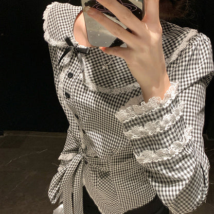 ノワールチェックのレース襟スウィートブラウス(L/LL/3L/4L/5L)