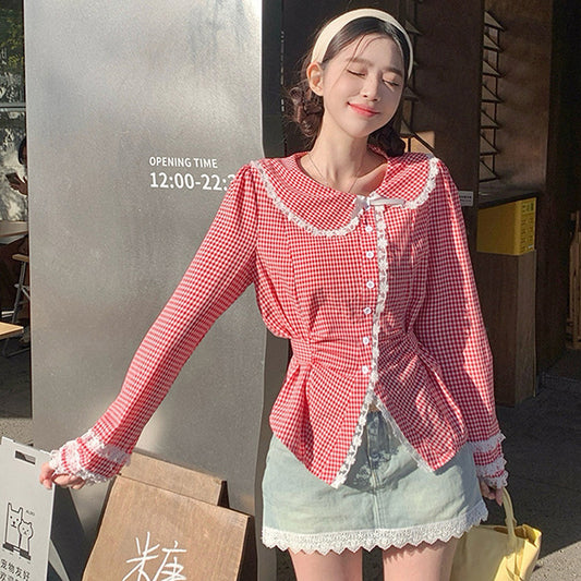 ルージュチェックのレース襟スウィートブラウス(L/LL/3L/4L/5L)