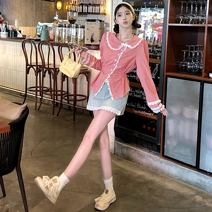 ルージュチェックのレース襟スウィートブラウス(L/LL/3L/4L/5L)