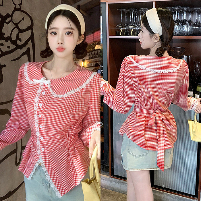 ルージュチェックのレース襟スウィートブラウス(L/LL/3L/4L/5L)