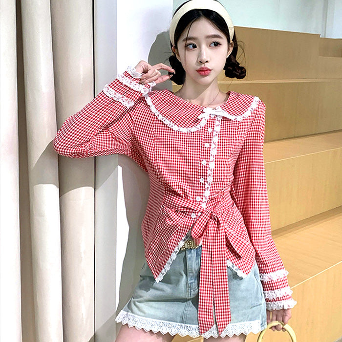 ルージュチェックのレース襟スウィートブラウス(L/LL/3L/4L/5L)