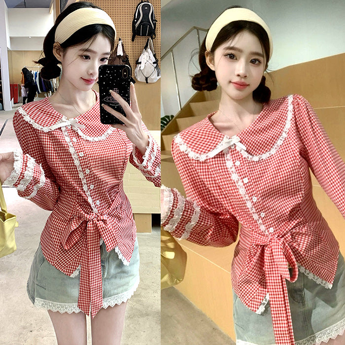 ルージュチェックのレース襟スウィートブラウス(L/LL/3L/4L/5L)