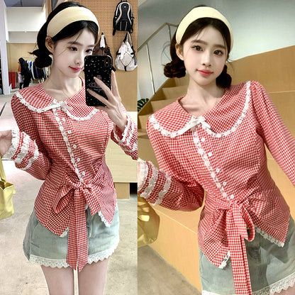 ルージュチェックのレース襟スウィートブラウス(L/LL/3L/4L/5L)