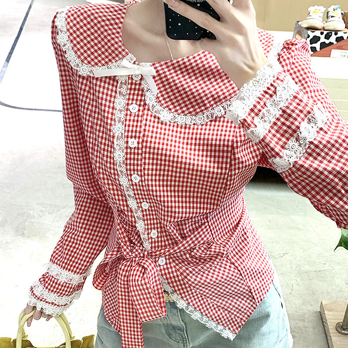 ルージュチェックのレース襟スウィートブラウス(L/LL/3L/4L/5L)
