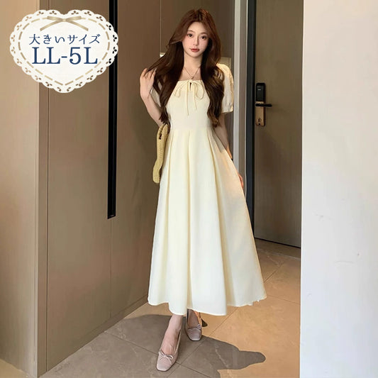 ミルクアイボリー・リボンフレアワンピース(LL/3L/4L/5L)