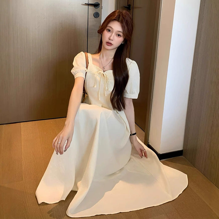 大きいサイズ レディース ミルクアイボリー・リボンフレアワンピース(LL/3L/4L/5L)