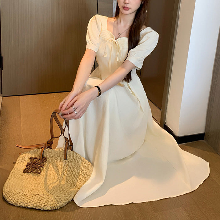 大きいサイズ レディース ミルクアイボリー・リボンフレアワンピース(LL/3L/4L/5L)