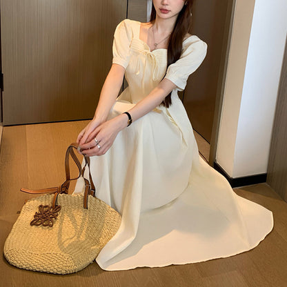 ミルクアイボリー・リボンフレアワンピース(LL/3L/4L/5L)