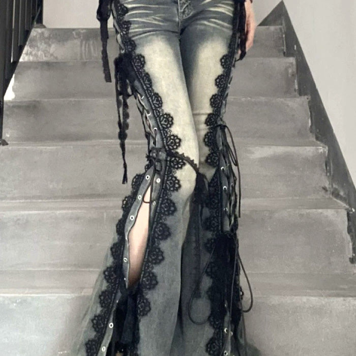 大きいサイズ レディース 黒縁ドールライン編み上げフレアパンツ(L/LL/3L)