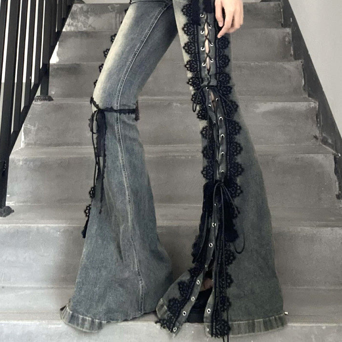 大きいサイズ レディース 黒縁ドールライン編み上げフレアパンツ(L/LL/3L)