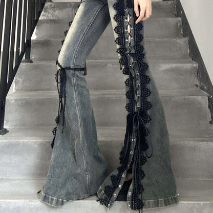 黒縁ドールライン編み上げフレアパンツ(L/LL/3L)