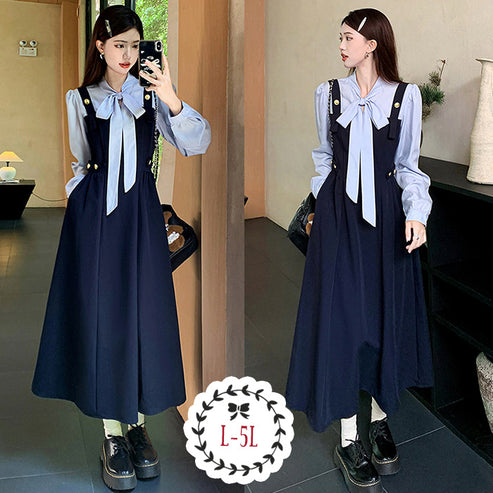 大きいサイズのきれいめコーデにおすすめなマリンノーブル・リボンタイワンピース(L/LL/3L/4L/5L)