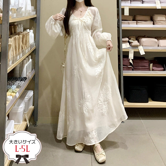 シフォンの花かざりロマンティックワンピース(L/LL/3L/4L/5L)